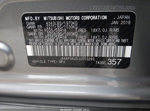 JA4AP3AU0JU003293 2018 MITSUBISHI OUTLANDER SPORT Gray Vista del compartimento del motor