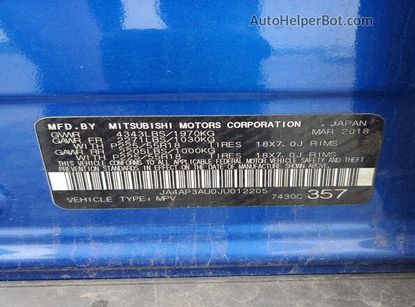 JA4AP3AU0JU012205 2018 MITSUBISHI OUTLANDER Blue Вид наклейки з VIN-кодом