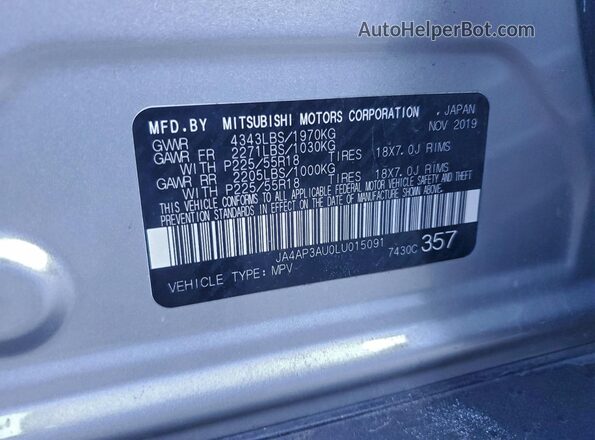 JA4AP3AU0LU015091 2020 MITSUBISHI OUTLANDER Silver Вид наклейки з VIN-кодом