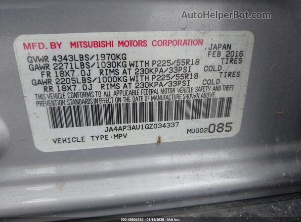 JA4AP3AU1GZ034337 2016 MITSUBISHI OUTLANDER SPORT Silver Vista del compartimento del motor