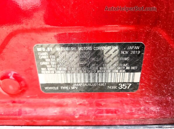 JA4AP3AU1LU014967 2020 MITSUBISHI OUTLANDER Red Widok naklejki z numerem VIN