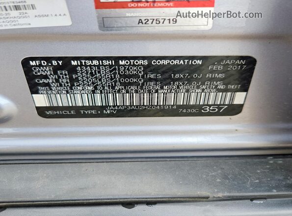 JA4AP3AU2HZ041914 2017 MITSUBISHI OUTLANDER Silver Вид наклейки з VIN-кодом