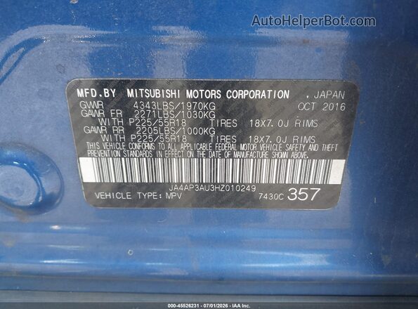 JA4AP3AU3HZ010249 2017 MITSUBISHI OUTLANDER SPORT Blue ძრავის განყოფილების ხედი