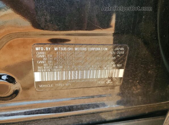 JA4AP3AU3KU016539 2019 MITSUBISHI OUTLANDER Черный Вид наклейки с VIN-кодом