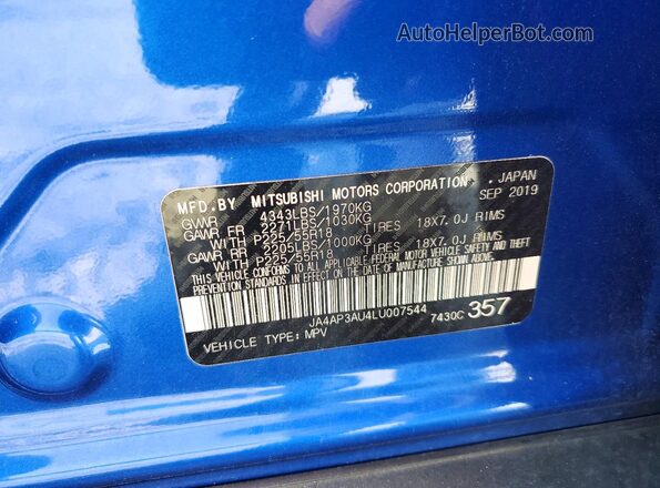 JA4AP3AU4LU007544 2020 MITSUBISHI OUTLANDER Синий Вид наклейки с VIN-кодом