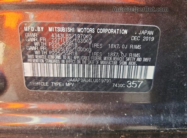 JA4AP3AU4LU019791 2020 MITSUBISHI OUTLANDER Brown Вид наклейки з VIN-кодом