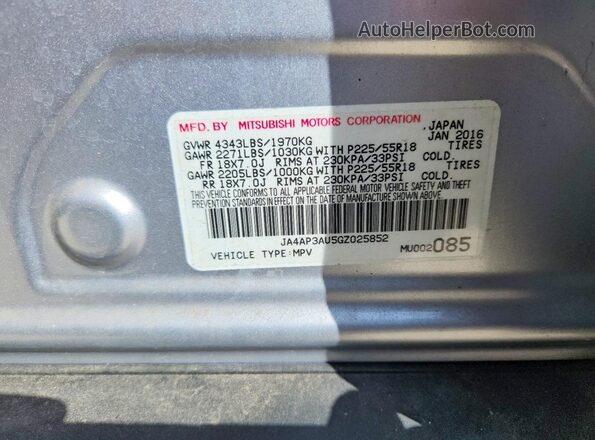 JA4AP3AU5GZ025852 2016 MITSUBISHI OUTLANDER Blue VIN კოდის სტიკერის ხედი