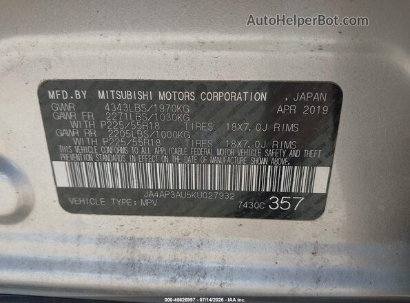 JA4AP3AU5KU027932 2019 MITSUBISHI OUTLANDER SPORT Silver Вид підкапотного простору