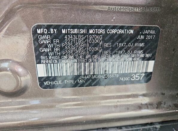 JA4AP3AU6HZ065679 2017 MITSUBISHI OUTLANDER Brown VIN sticker view
