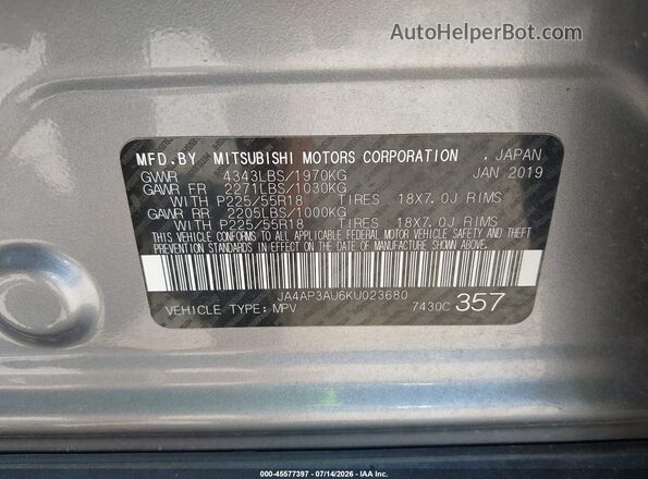 JA4AP3AU6KU023680 2019 MITSUBISHI OUTLANDER SPORT Gray ძრავის განყოფილების ხედი