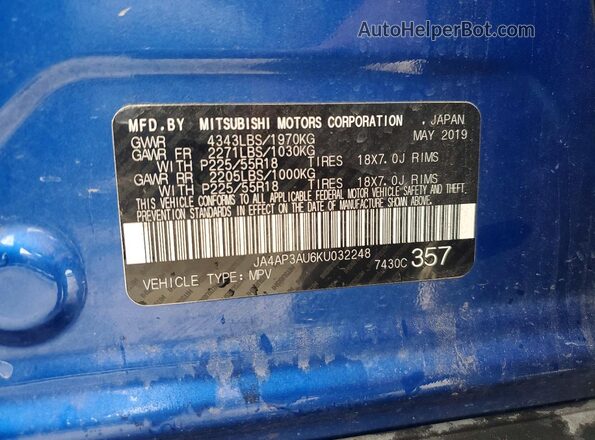 JA4AP3AU6KU032248 2019 MITSUBISHI OUTLANDER Blue Engine compartment view