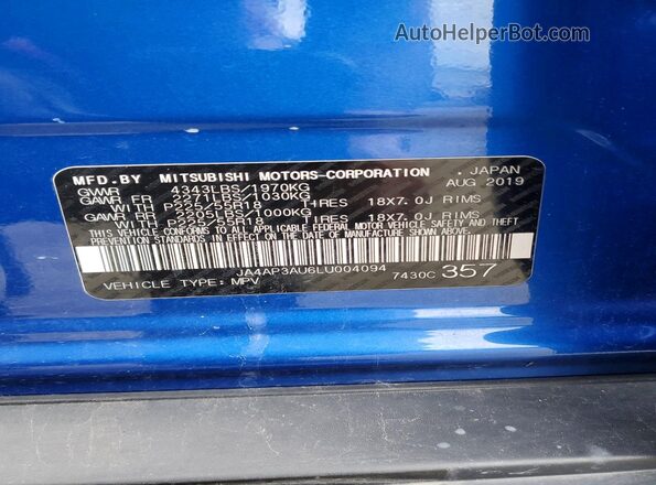 JA4AP3AU6LU004094 2020 MITSUBISHI OUTLANDER Blue Вид наклейки з VIN-кодом