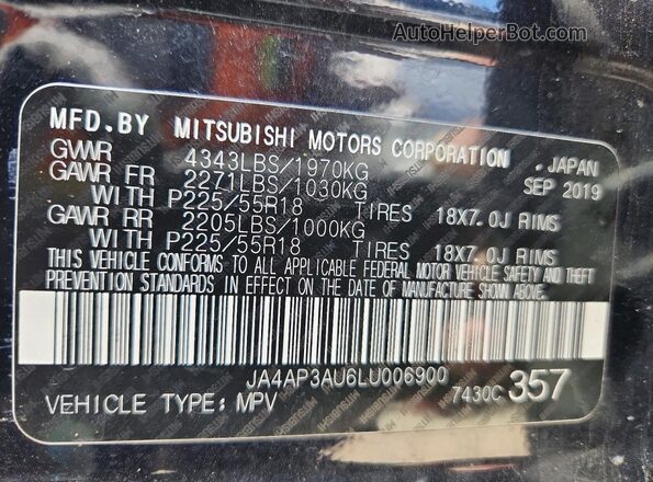 JA4AP3AU6LU006900 2020 MITSUBISHI OUTLANDER Черный Панорамный вид салона 360°