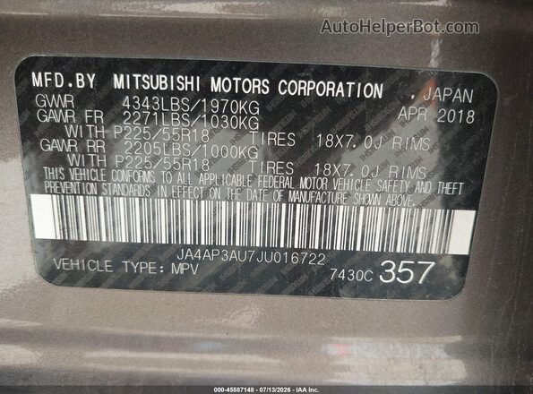 JA4AP3AU7JU016722 2018 MITSUBISHI OUTLANDER SPORT Gray Engine compartment view