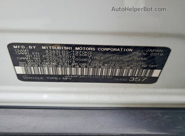 JA4AP3AU7LU013192 2020 MITSUBISHI OUTLANDER White Vista interior de 360 grados