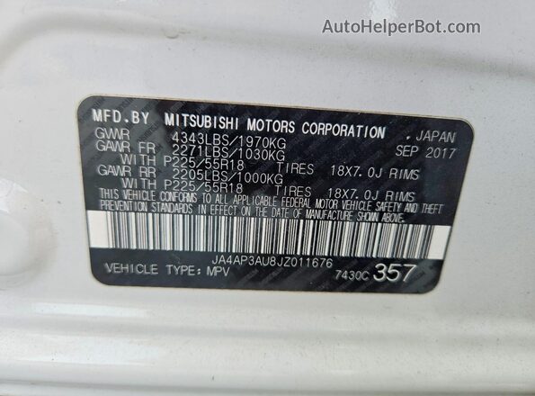 JA4AP3AU8JZ011676 2018 MITSUBISHI OUTLANDER White VIN კოდის სტიკერის ხედი