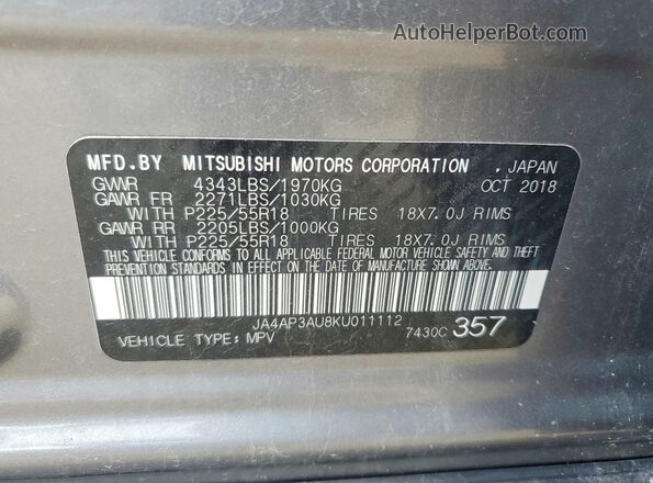 JA4AP3AU8KU011112 2019 MITSUBISHI OUTLANDER Серый Вид наклейки с VIN-кодом