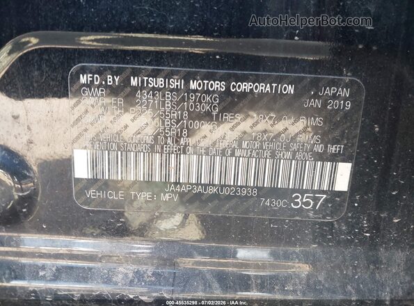 JA4AP3AU8KU023938 2019 MITSUBISHI OUTLANDER SPORT Black Շարժիչի բաժամունքի տեսք