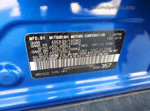 JA4AP3AU9JU007116 2018 MITSUBISHI OUTLANDER Blue Widok naklejki z numerem VIN