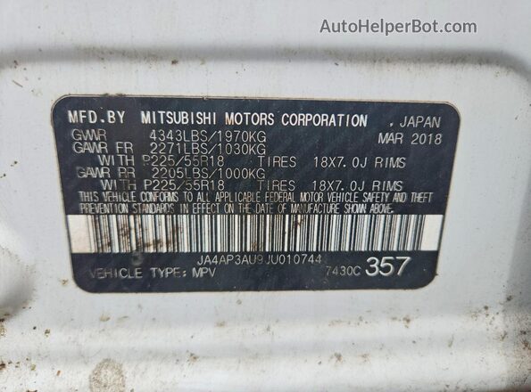 JA4AP3AU9JU010744 2018 MITSUBISHI OUTLANDER White VIN sticker view