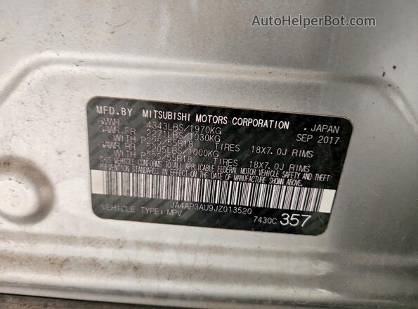 JA4AP3AU9JZ013520 2018 MITSUBISHI OUTLANDER Серебряный Вид наклейки с VIN-кодом