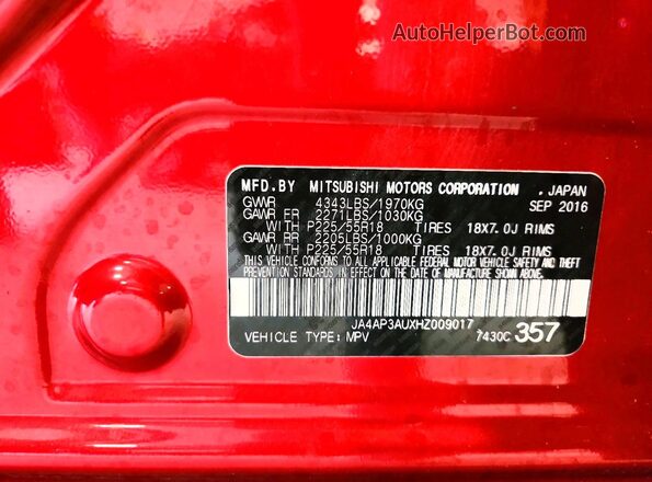 JA4AP3AUXHZ009017 2017 MITSUBISHI OUTLANDER Red Engine compartment view