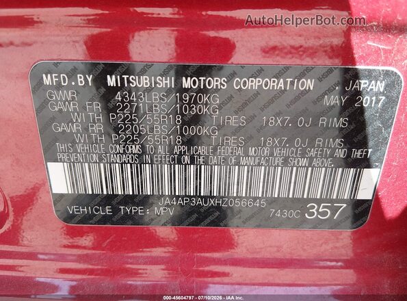 JA4AP3AUXHZ056645 2017 MITSUBISHI OUTLANDER SPORT Red Вид підкапотного простору