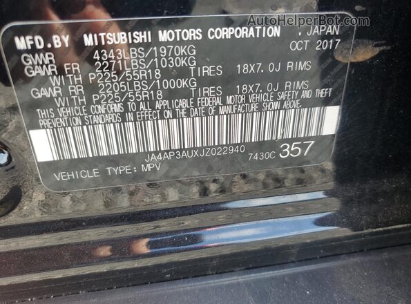 JA4AP3AUXJZ022940 2018 MITSUBISHI OUTLANDER Black VIN sticker view