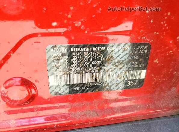 JA4AP3AUXKU024606 2019 MITSUBISHI OUTLANDER Red VIN կոդի պիտակի տեսք