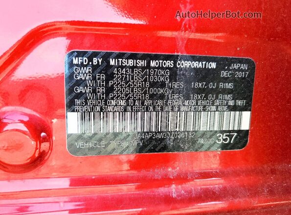 JA4AP3AW3JZ036132 2018 MITSUBISHI OUTLANDER Red Vista de la etiqueta del VIN
