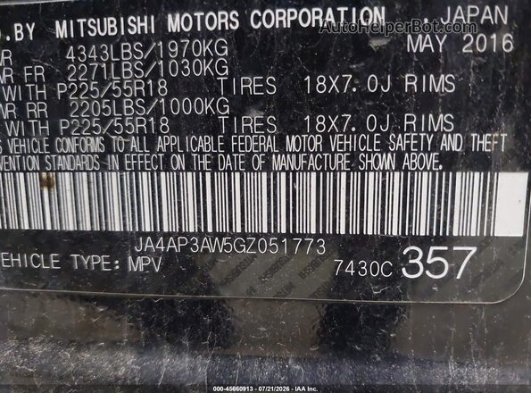 JA4AP3AW5GZ051773 2016 MITSUBISHI OUTLANDER SPORT Black Շարժիչի բաժամունքի տեսք