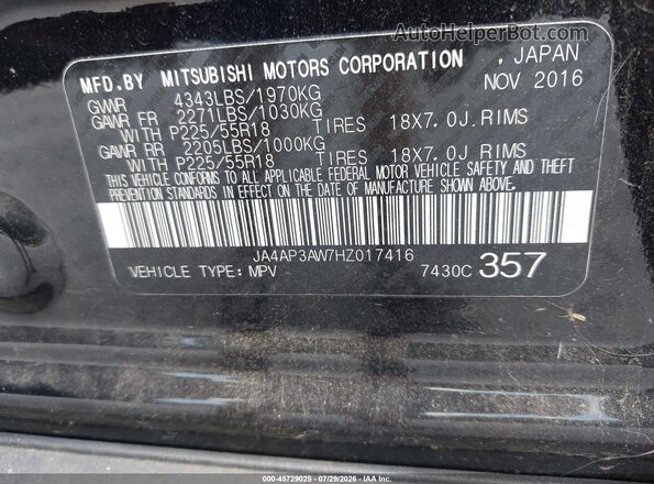 JA4AP3AW7HZ017416 2017 MITSUBISHI OUTLANDER SPORT Black Widok komory silnika