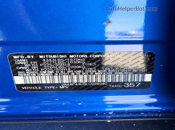 JA4AP4AU0LU008082 2020 MITSUBISHI OUTLANDER Blue Vista de la etiqueta del VIN