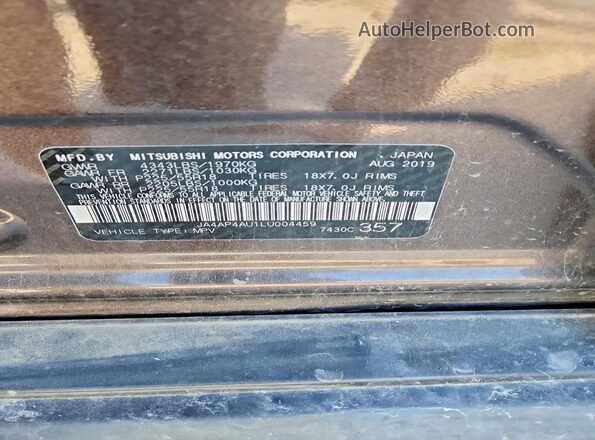JA4AP4AU1LU004459 2020 MITSUBISHI OUTLANDER Brown VIN კოდის სტიკერის ხედი