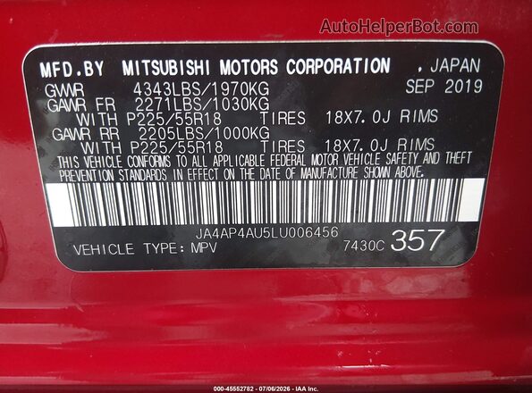 JA4AP4AU5LU006456 2020 MITSUBISHI OUTLANDER SPORT Red ძრავის განყოფილების ხედი