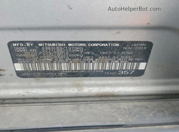 JA4AP4AU9KU012484 2019 MITSUBISHI OUTLANDER Silver Вид наклейки з VIN-кодом