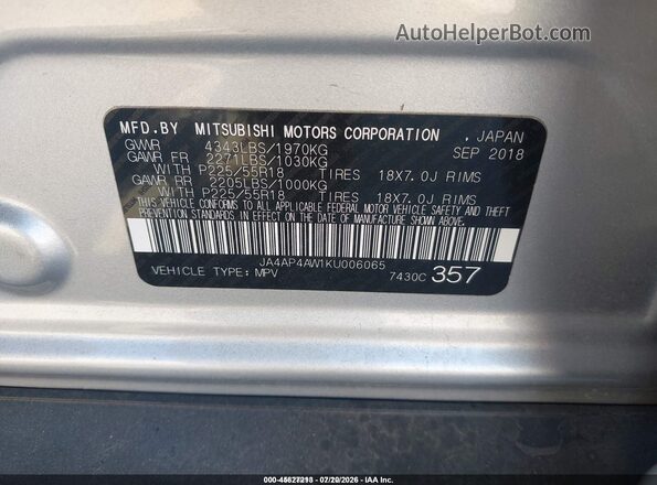 JA4AP4AW1KU006065 2019 MITSUBISHI OUTLANDER SPORT Silver Вид підкапотного простору