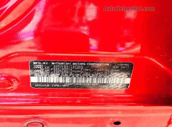 JA4AP4AW2HZ061927 2017 MITSUBISHI OUTLANDER Red Widok naklejki z numerem VIN