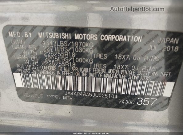 JA4AP4AW5JU025104 2018 MITSUBISHI OUTLANDER SPORT Silver Շարժիչի բաժամունքի տեսք
