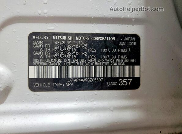 JA4AP4AW7GZ055071 2016 MITSUBISHI OUTLANDER White Vista de la etiqueta del VIN