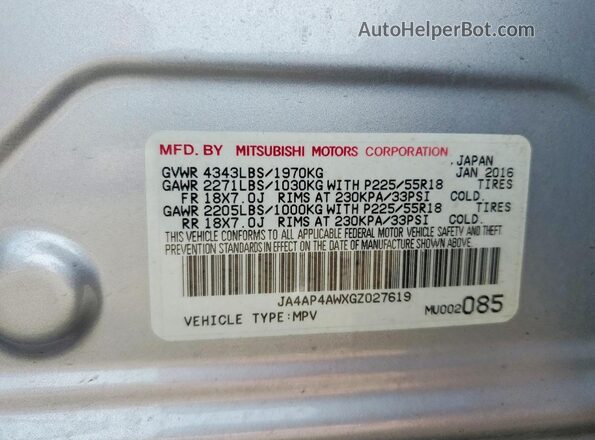 JA4AP4AWXGZ027619 2016 MITSUBISHI OUTLANDER Silver Widok naklejki z numerem VIN