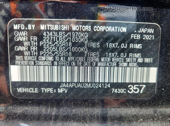 JA4APUAU2MU024124 2021 MITSUBISHI OUTLANDER Black VIN კოდის სტიკერის ხედი