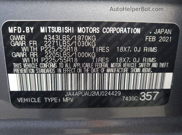 JA4APUAU2MU024429 2021 MITSUBISHI OUTLANDER Silver Вид наклейки з VIN-кодом