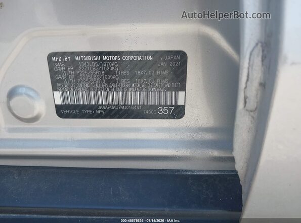 JA4APUAU7MU016441 2021 MITSUBISHI OUTLANDER SPORT Silver Vista del compartimento del motor