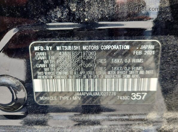 JA4APVAU0MU021776 2021 MITSUBISHI OUTLANDER Черный Панорамный вид салона 360°