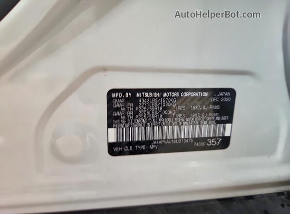 JA4APVAU1MU013475 2021 MITSUBISHI OUTLANDER White Панорамний вид салону 360°