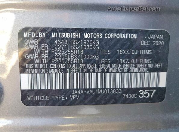JA4APVAU1MU013833 2021 MITSUBISHI OUTLANDER Gray Vista de la etiqueta del VIN