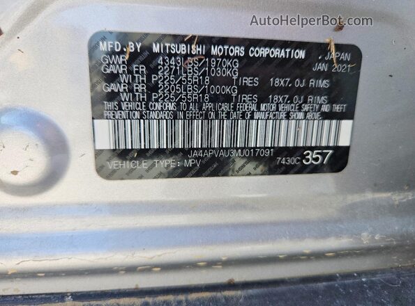 JA4APVAU3MU017091 2021 MITSUBISHI OUTLANDER Gray VIN sticker view