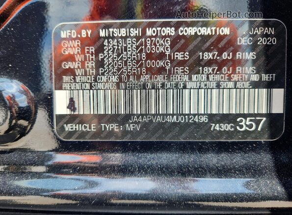 JA4APVAU4MU012496 2021 MITSUBISHI OUTLANDER Black Vista de la etiqueta del VIN