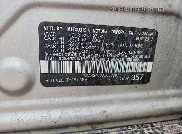 JA4AR3AU0JZ028367 2018 MITSUBISHI OUTLANDER Серебряный Панорамный вид салона 360°
